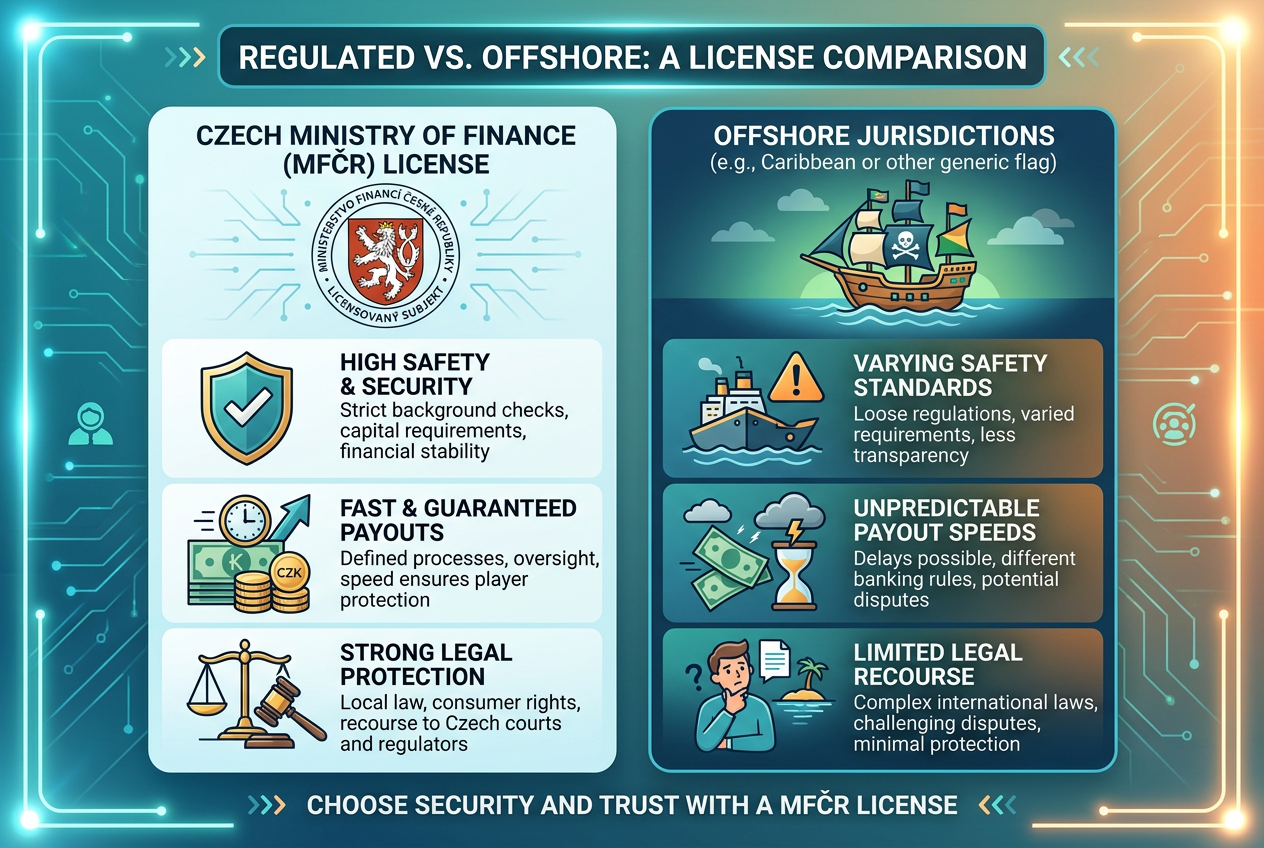 Infografika srovnání licencí MFČR a offshore jurisdikcí