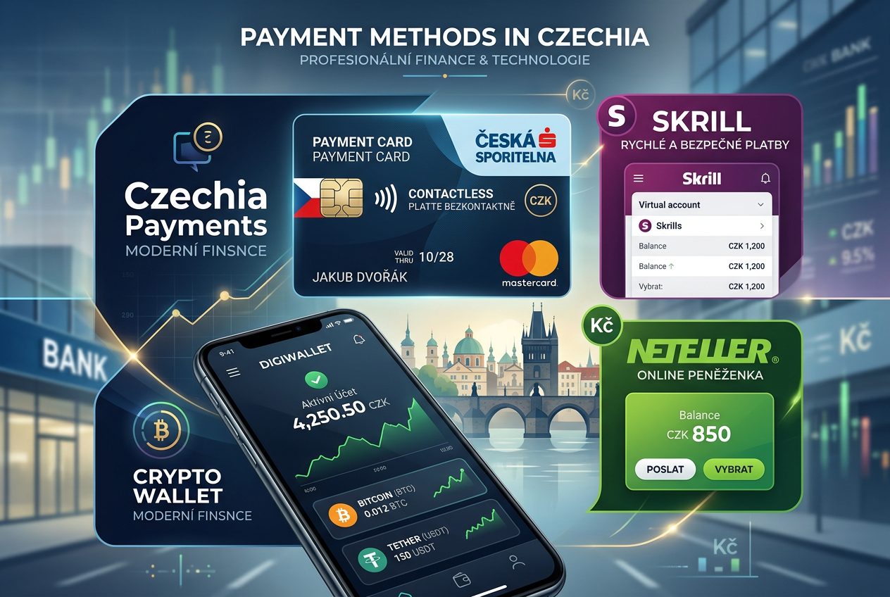 Koláž českých platebních metod, kryptoměn a mobilních peněženek
