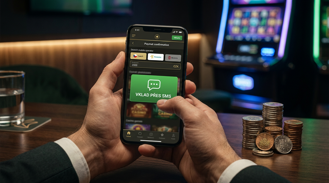 Mobilní telefon zobrazující vklad do online kasina přes SMS