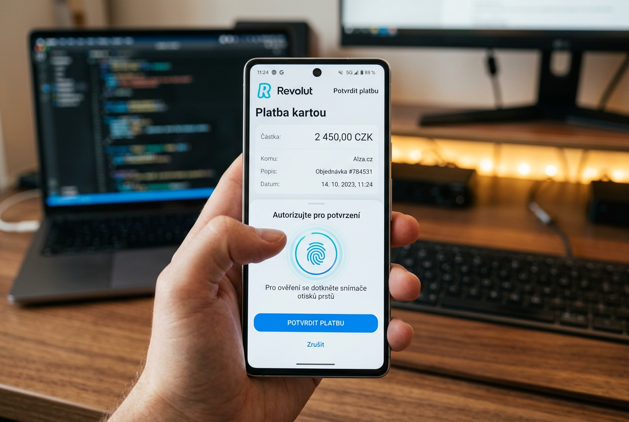 Mobilní telefon se zobrazenou autorizací platby v aplikaci Revolut s biometrickým prvkem