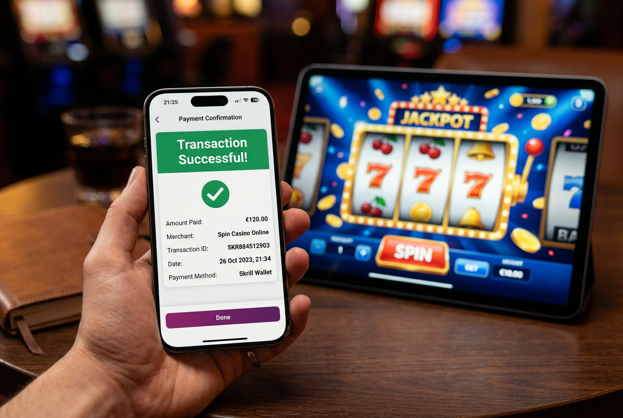 Mobilní telefon s aplikací Skrill v prostředí online kasina